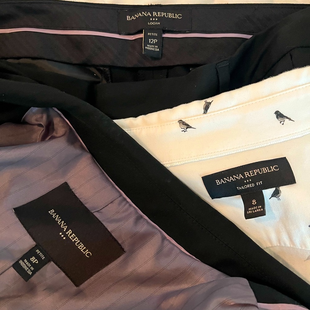 Banana Republic, like new, pants size 12P, top size 8, and jacket size 8P.
